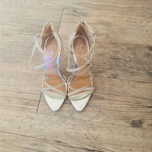 Jessica Simpson Silver Crystal Strappy Pointed-Toe Heels